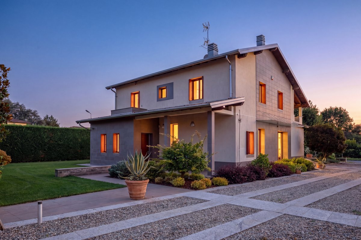 Same kitchen after — matching twilight mood