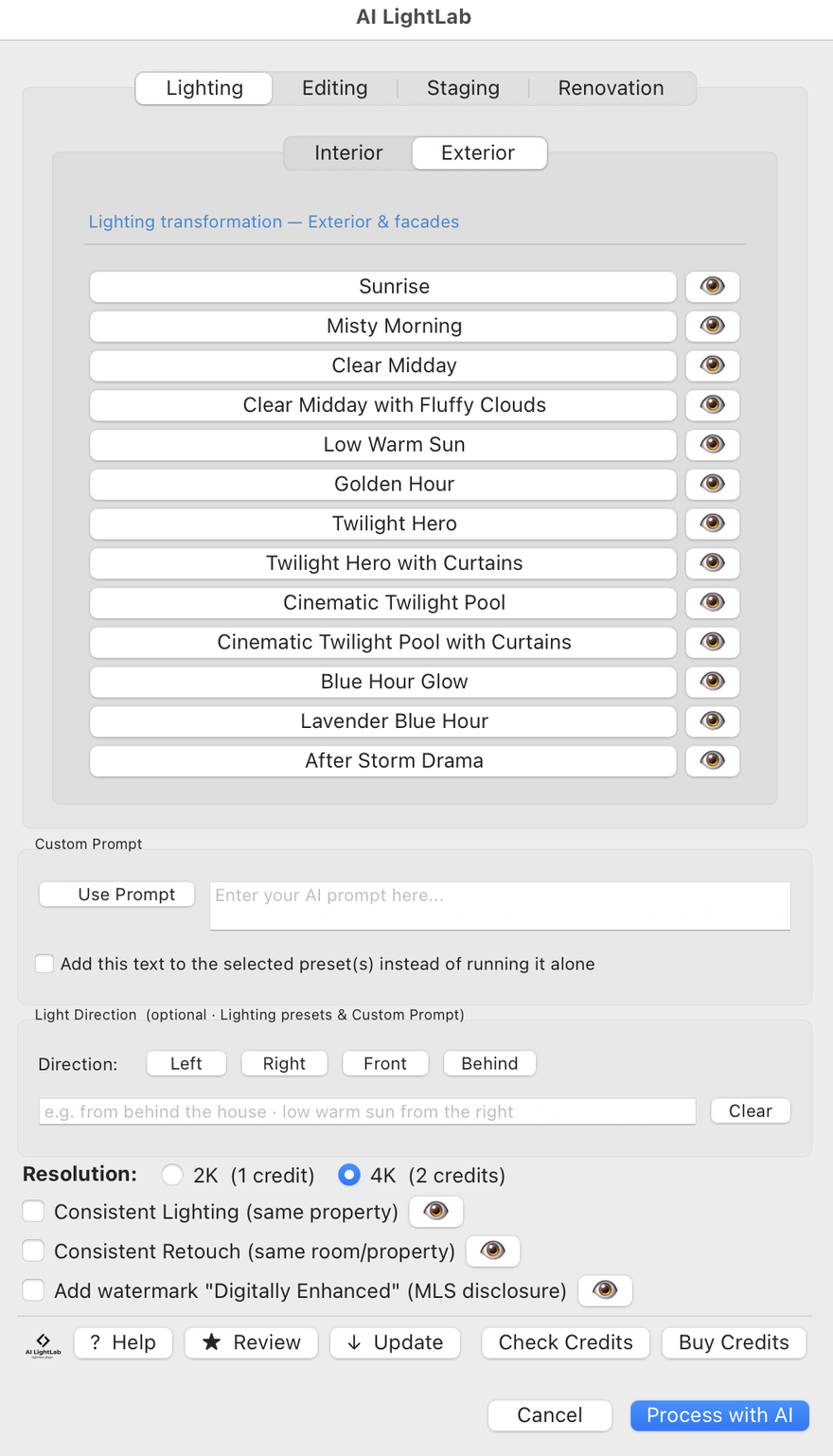 Lighting Exterior tab