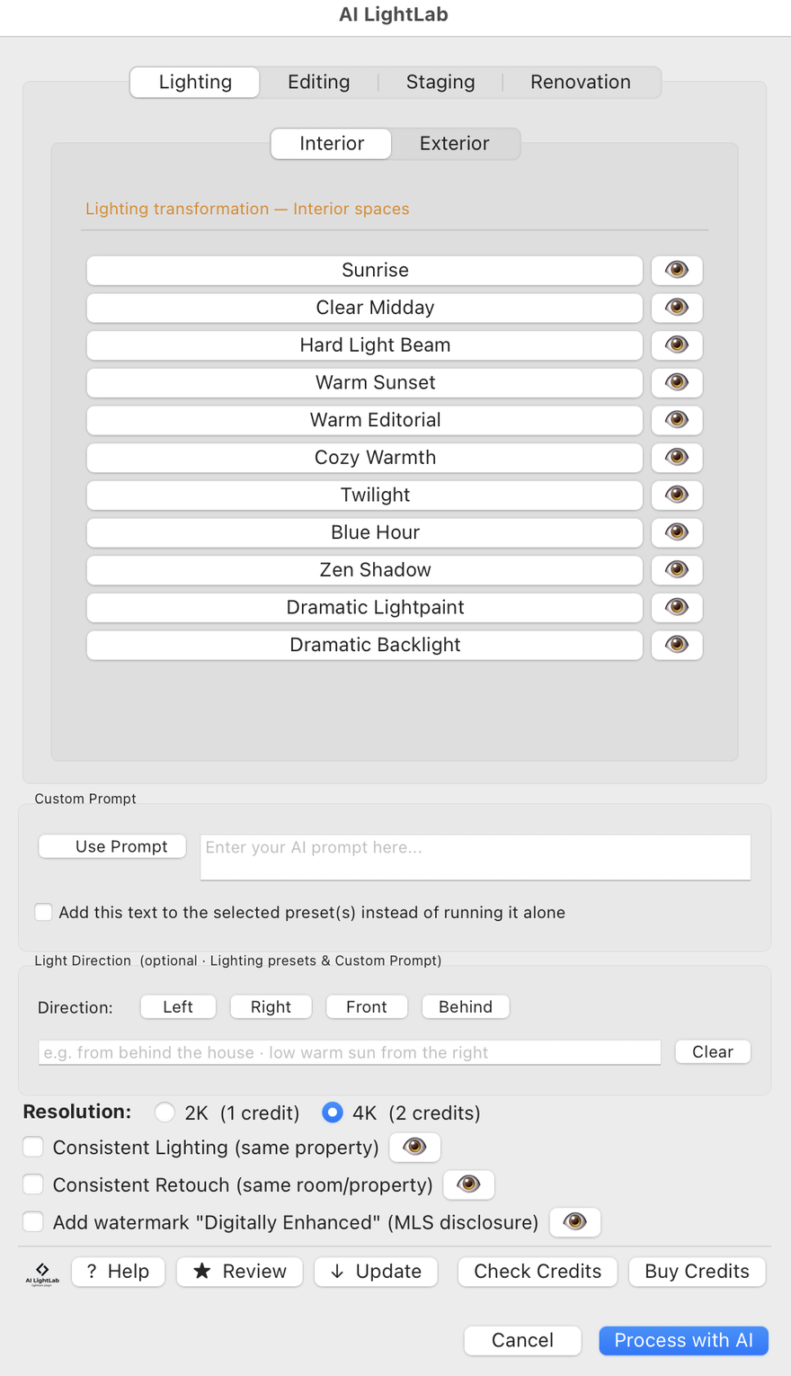 Lighting Interior tab