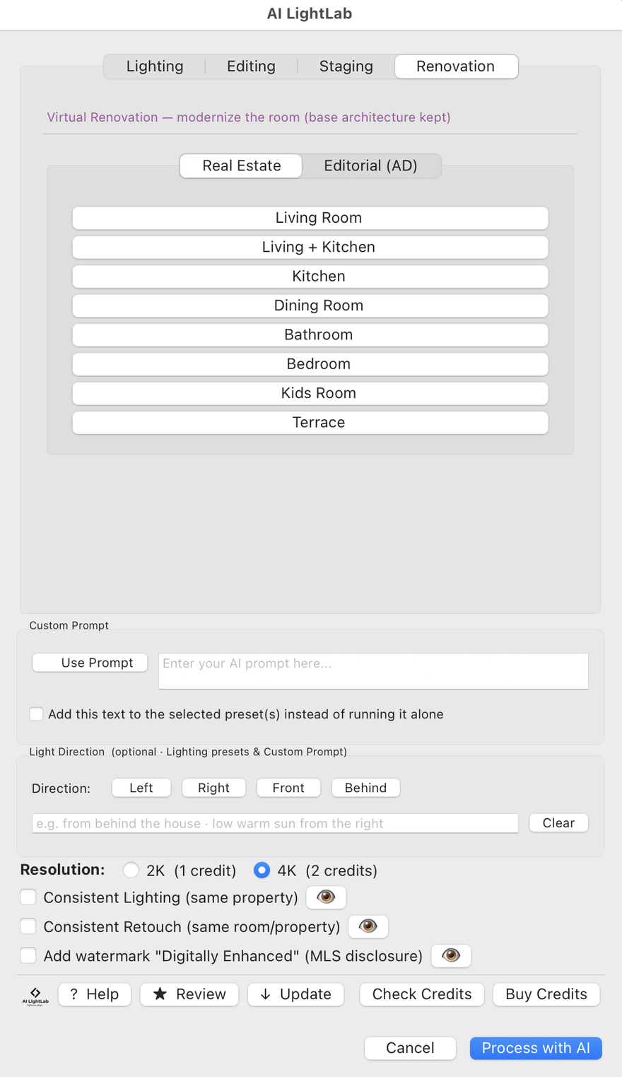 Virtual Renovation tab