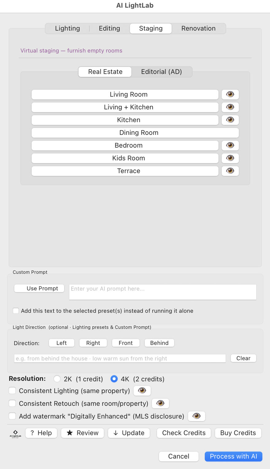 Virtual Staging tab